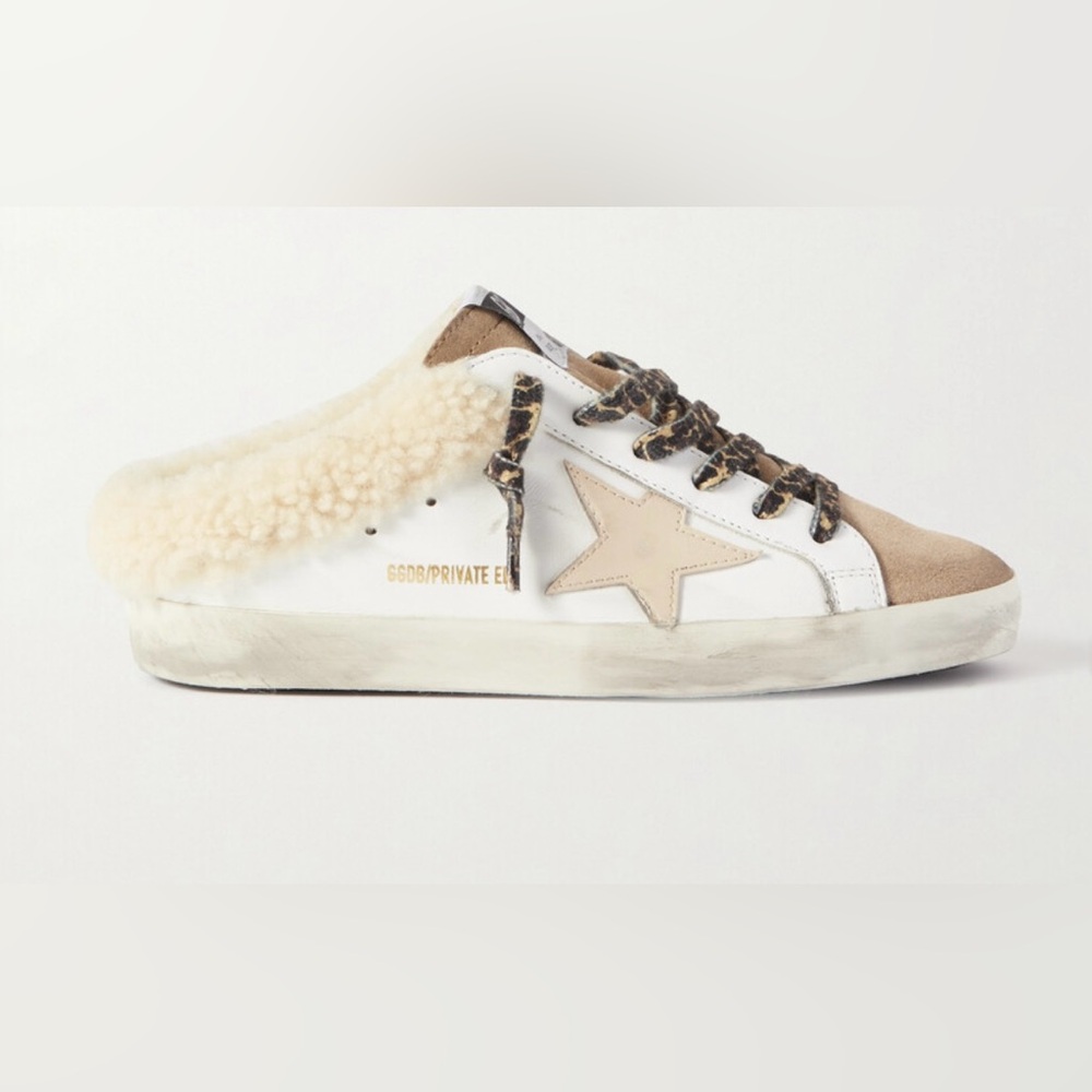 Superstar Sabot shearling-lined distressed leather and suede mule sneakers